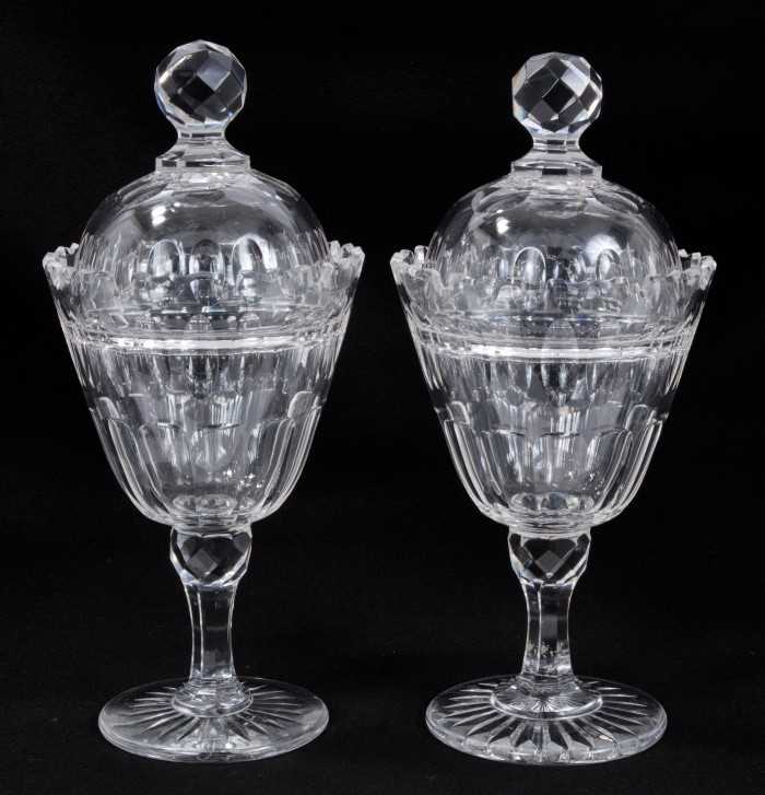 Lot 143 - Pair of 19th century cut glass vases and covers, of goblet form, 29cm height
