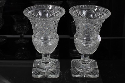 Lot 144 - Five 19th century cut glass vases, including two pairs and one larger example, all of goblet form, the largest measuring 24cm height