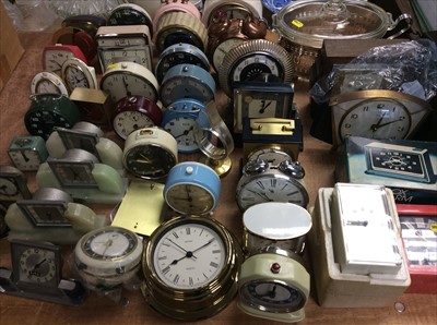 Lot 419 - Selection vintage bedside alarm clocks, mantle clocks and a plated serving dish