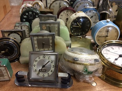 Lot 419 - Selection vintage bedside alarm clocks, mantle clocks and a plated serving dish