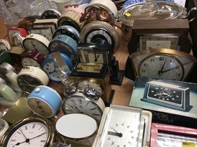 Lot 419 - Selection vintage bedside alarm clocks, mantle clocks and a plated serving dish