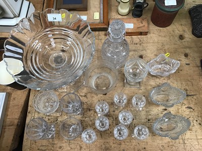 Lot 34 - Group of 19th century and later cut glassware, including a centrepiece, finger bowl, decanter, drinking glasses, salts (19)