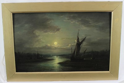 Lot 1254 - John Moore of Ipswich (1820-1902) oil on panel - shipping on the river by moonlight, signed, in gilt frame, 28cm x 45cm