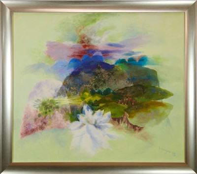 Lot 1106 - *Glyn Morgan (1926 - 2015), oil on canvas - 'Landscape with a white flower', 102cm x 120cm, framed 
 Provenance: The Glyn Morgan Studio Sale, Reeman Dansie, 26th September 2017