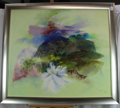 Lot 1106 - *Glyn Morgan (1926 - 2015), oil on canvas - 'Landscape with a white flower', 102cm x 120cm, framed 
 Provenance: The Glyn Morgan Studio Sale, Reeman Dansie, 26th September 2017