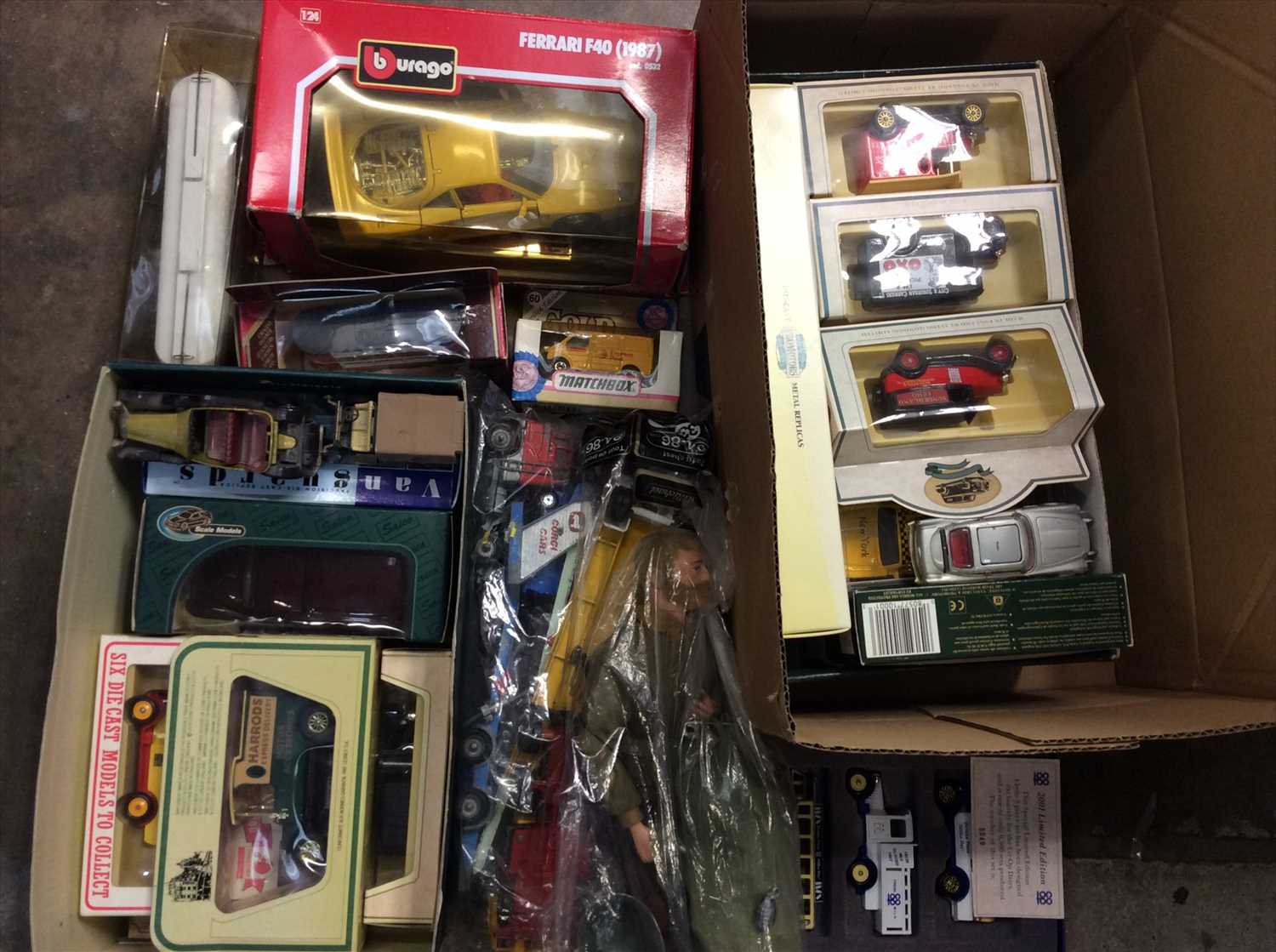 Lot 427 - Selection of mainly boxed toy cars including Matchbox, Days Gone etc and an action man doll