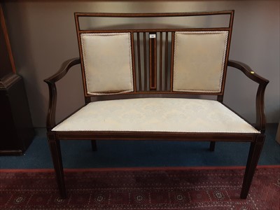 Lot 999 - Good quality Edwardian inlaid mahogany salon sofa with padded seat on square taper front legs