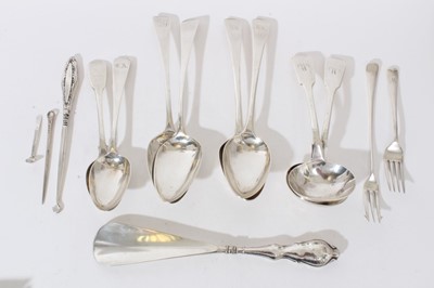 Lot 323 - Selection of miscellaneous Georgian and later silver flatware including four table spoons, two dessert spoons, pickle fork, pair of sauce ladles and other items (Various dates and makers) Approxima...