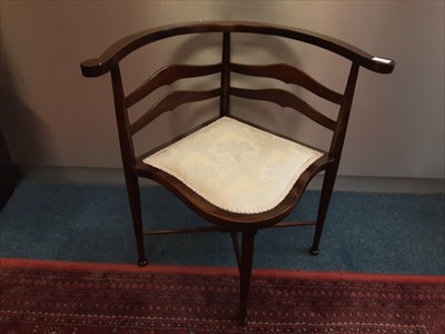 Lot 1001 - Mahogany corner chair with padded seat on turned legs joined by X frame stretchers