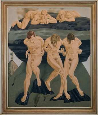 Lot 1175 - Francis Plummer (1930-2019) egg tempera on board - figures on rocks, signed and dated April ‘71, framed, 120cm x 100cm