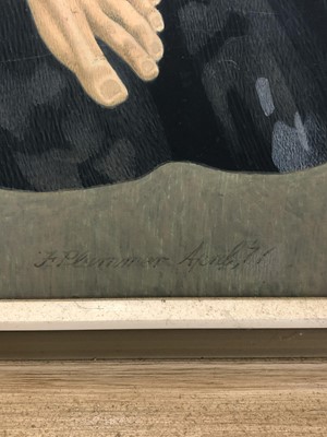 Lot 1175 - Francis Plummer (1930-2019) egg tempera on board - figures on rocks, signed and dated April ‘71, framed, 120cm x 100cm