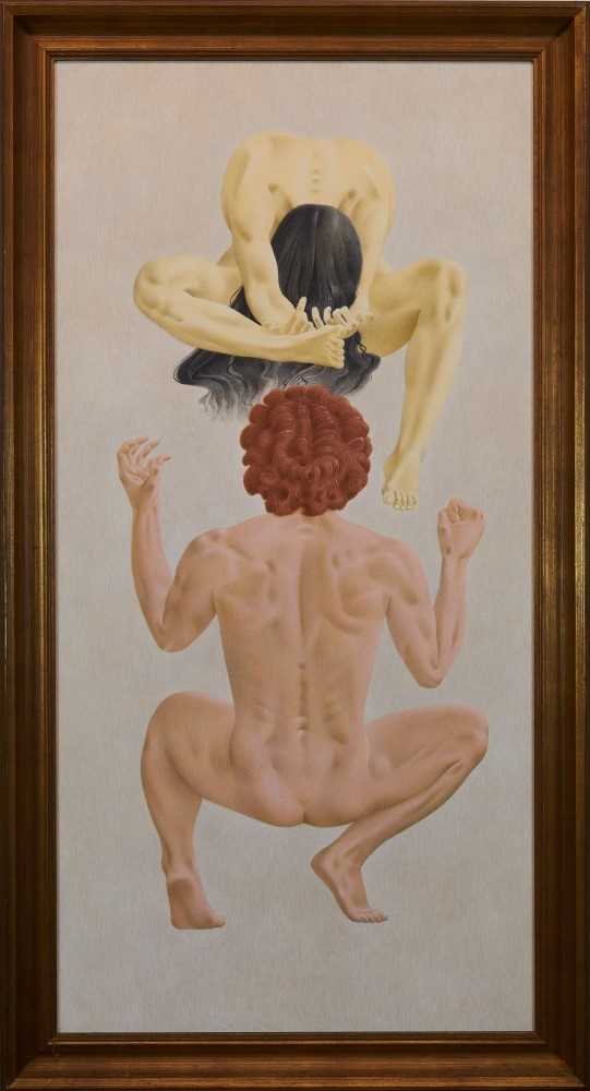 Lot 1186 - Francis Plummer (1930-2019) egg tempera on board - two figures, initialled and dated ‘76, framed, 120cm x 59cm