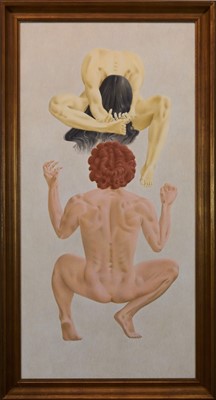 Lot 1186 - Francis Plummer (1930-2019) egg tempera on board - two figures, initialled and dated ‘76, framed, 120cm x 59cm