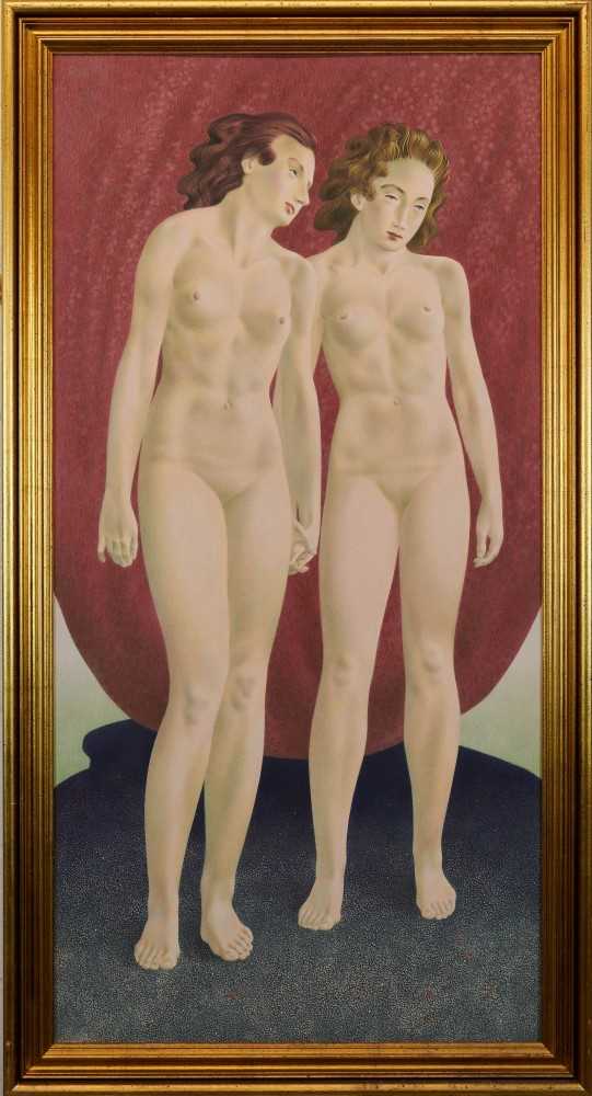 Lot 1192 - Francis Plummer (1930-2019) egg tempera on board - two muses, initialled and dated ‘79, framed, 120cm x 59cm