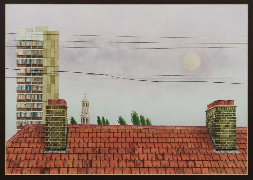 Lot 1196 - Francis Plummer (1930-2019) watercolour - rooftops, initialled and dated ‘73, 46cm x 61cm, in glazed frame