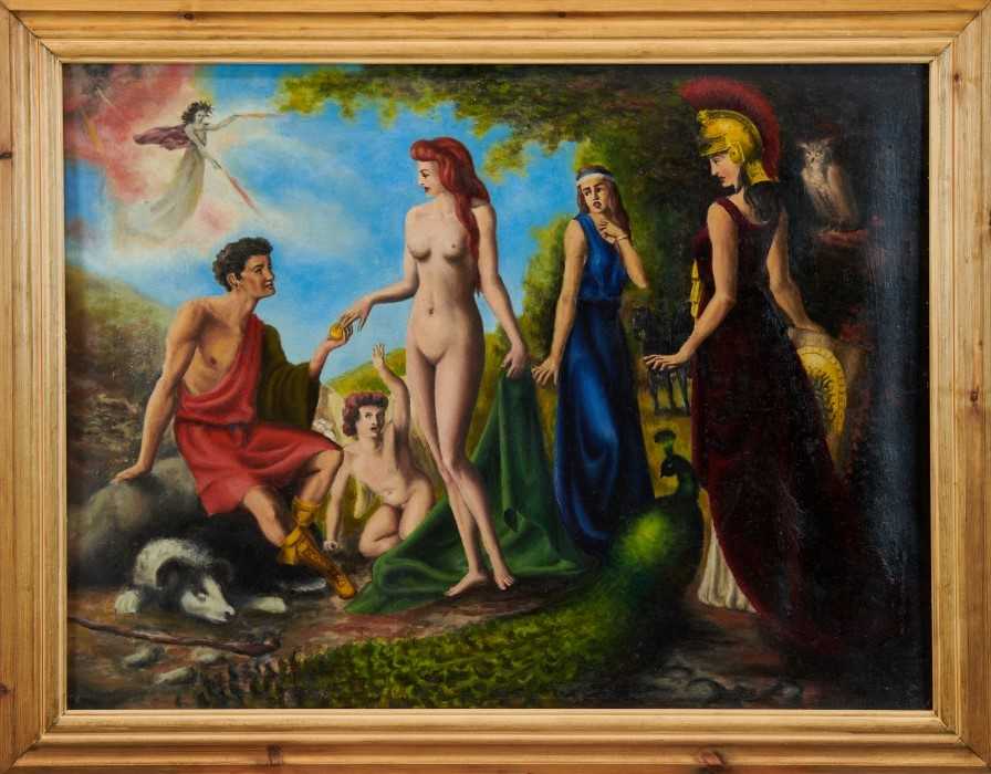 Lot 1197 - Francis Plummer (1930-2019) oil on board - The Judgment of Paris, 56cm x 74cm, together with two other oils painting on a classical theme (3)