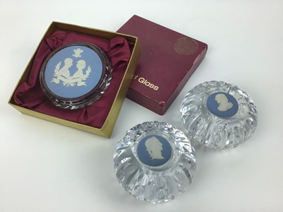 Lot 614 - Three Wedgwood Jasperware cut crystal paperweights inset with plaques (3)