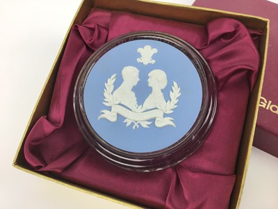 Lot 614 - Three Wedgwood Jasperware cut crystal paperweights inset with plaques (3)