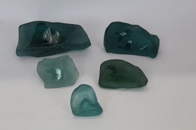 Lot 1014 - Five Inuit etched and engraved frosted sea glass paperweights by Siku and others (5)