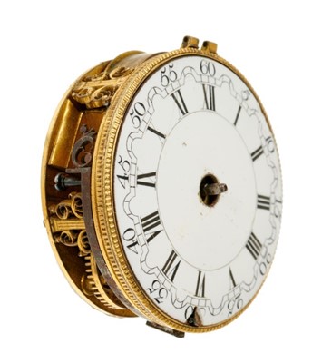 Lot 618 - A fine early 18th century pocket watch movement by Williamson London, with exceptionally fine engraved pillars and white enamel dial, approximately 38mm diameter