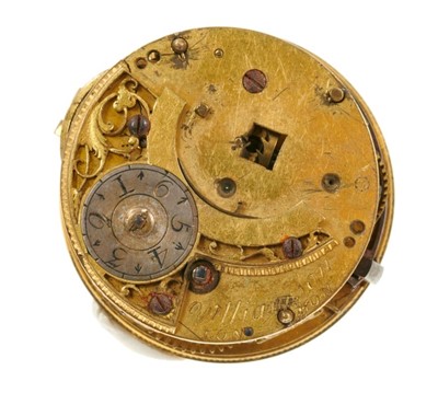 Lot 618 - A fine early 18th century pocket watch movement by Williamson London, with exceptionally fine engraved pillars and white enamel dial, approximately 38mm diameter