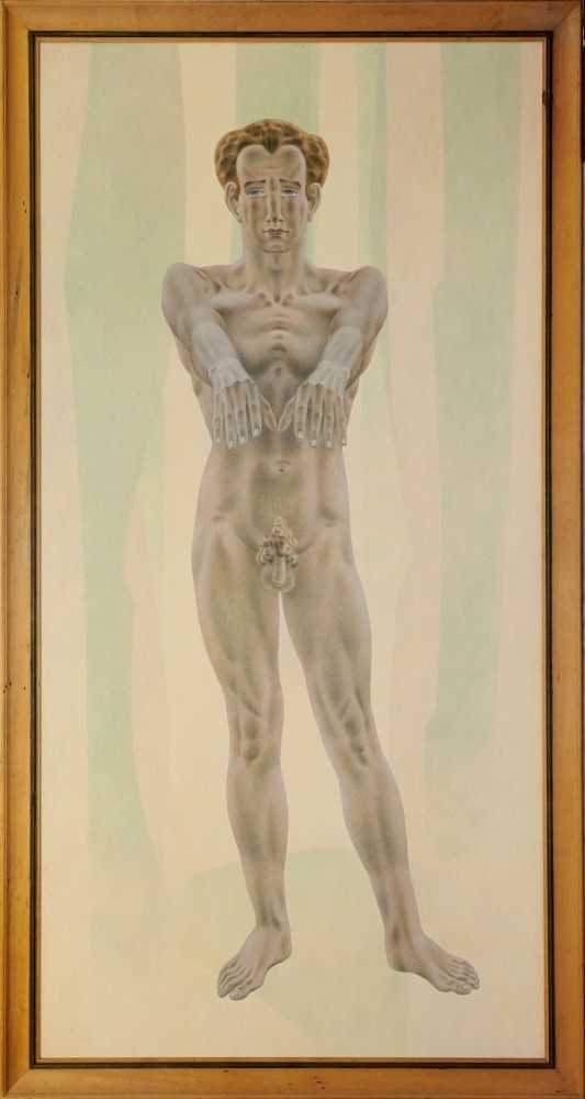 Lot 1172 - Francis Plummer (1930-2019) egg tempera on board - standing male figure, initialled and dated '82, framed, 243cm x 120cm