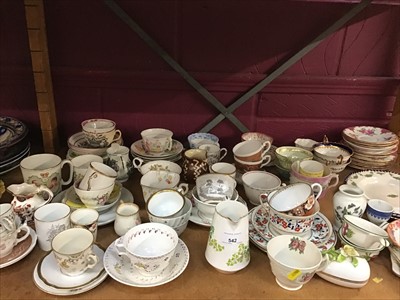 Lot 542 - Selection of tea ware cups and saucers plus wicker basket with miniature tea ware