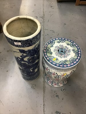 Lot 543 - Blue and white umbrella stand and oriental style stool