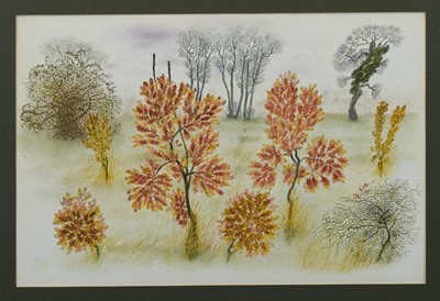 Lot 1166 - Francis Plummer (1930-2019) group of six watercolours - trees in landscapes, in glazed frames, together with a coastal watercolour, in glazed frame