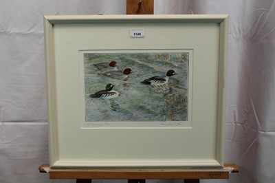 Lot 1149 - Peter Partington , contemporary, Signed limited edition etching - Goldeneye Ducks, 38/100, in glazed frame, 21cm x 30cm