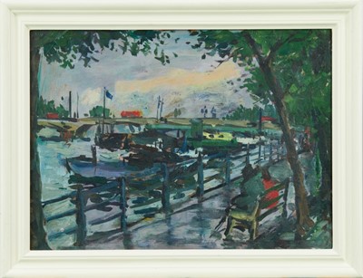 Lot 1062 - Peter Collins (1910-1994) oil on board, Putney Bridge, from Reeman Dansie Henry Collins studio sale