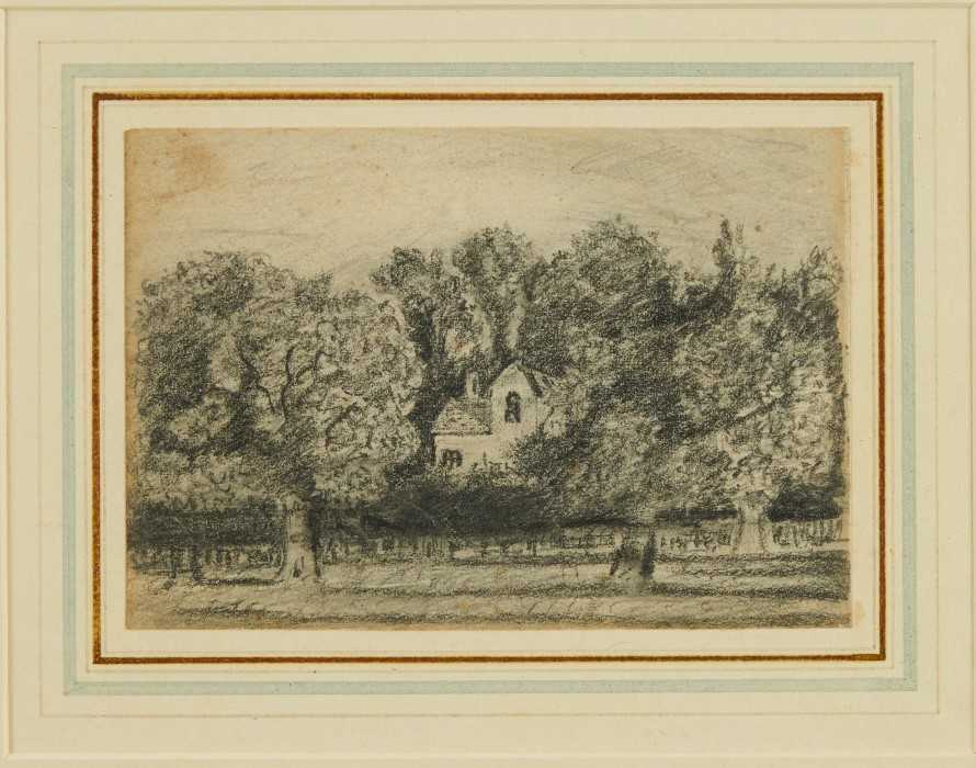 Lot 1023 - Attributed to Lionel Bicknell Constable (1828-1887) pencil drawing - Cottage Among Trees, 9.3cm x 13.3cm