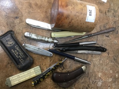 Lot 268 - Small group of pens, knives and a silver handled button hook