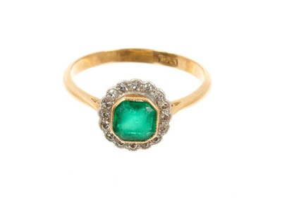 Lot 548 - Antique emerald and diamond cluster ring with an octagonal step cut emerald measuring approximately 5.5m x 5.6mm, surrounded by a border of 16 old cut and single cut diamonds in mille grain setting...