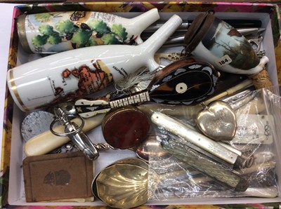 Lot 697 - Group Georgian silver and mother of pearl fruit knives, sewing accessories, pens