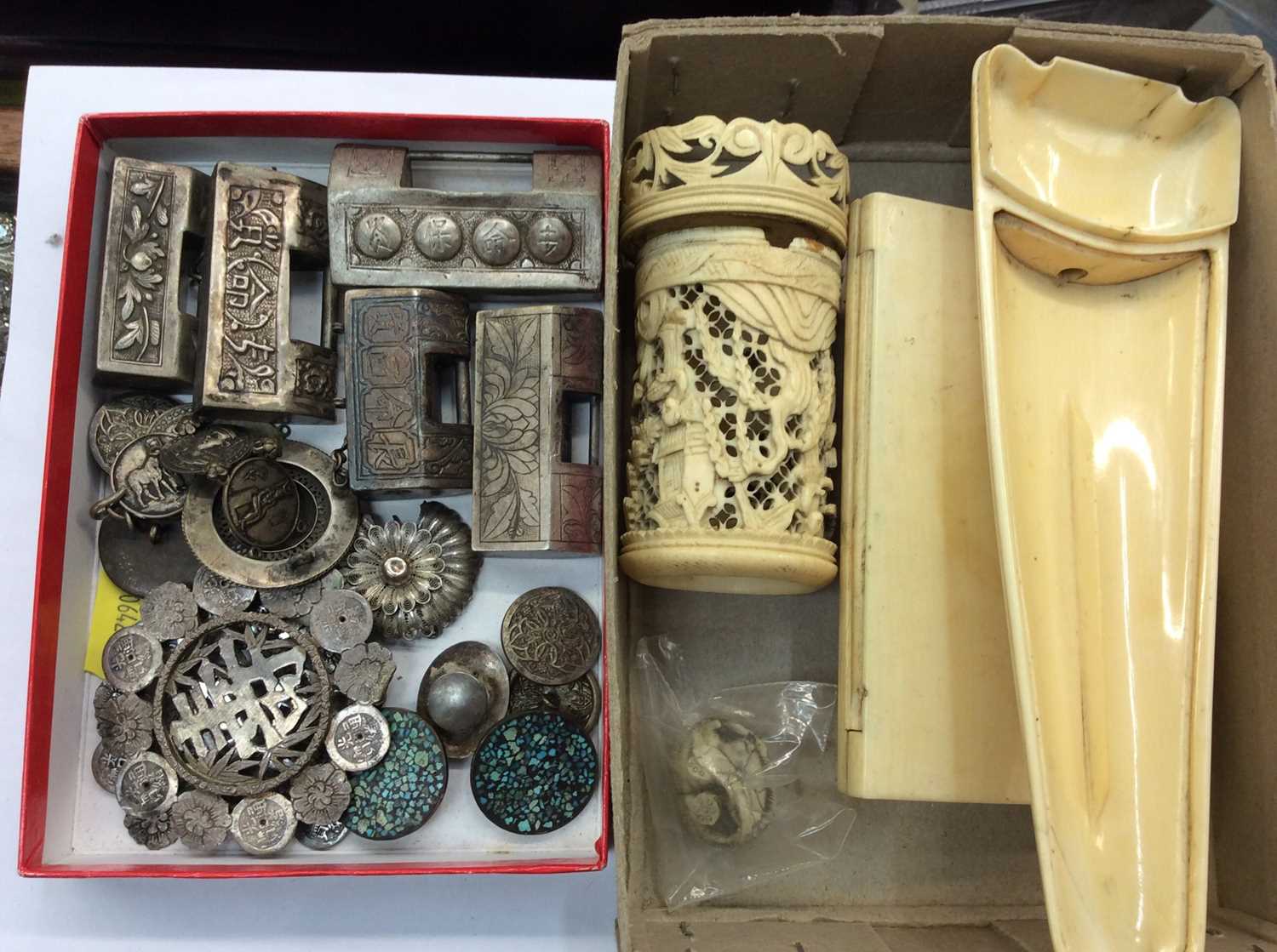 Lot 699 - Group Chinese metal buckles, padlock, buttons and some antique carved ivory items