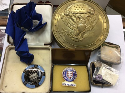 Lot 100 - Silver enamelled medal, USA treaty seal brass container etc