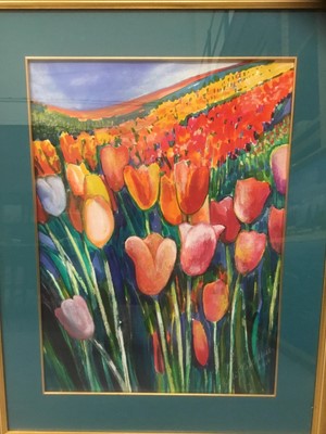 Lot 105 - Keli Pukallus (Contemporary) watercolour tulip field, signed and dated 2000, glazed frame