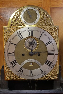Lot 673 - George III eight day longcase clock by William Skeggs, London  with gilt brass and silvered dial with strike/silent to arch, subsidiary seconds and date aperture in mahogany case with brass spiked...