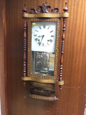 Lot 473 - Victorian wall clock with square painted dial in a parquetry inlaid case