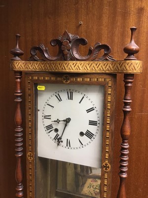 Lot 473 - Victorian wall clock with square painted dial in a parquetry inlaid case
