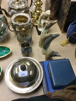 Lot 335 - Silver plated muffin dish, together with brass candle sticks, silver plated tea set and other items