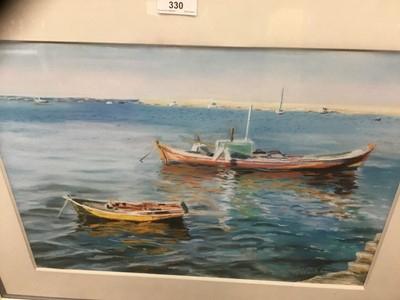 Lot 166 - Chalk study of boats moored in glazed frame together with others