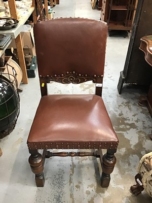 Lot 1077 - Old oak dining chair with studded leather seat and back, and carved decoration