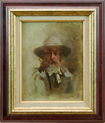 Lot 1157 - French School, late 19th century, oil on panel - Portrait of Claude Monet, circa 1895, framed, labels verso, 22cm x 17cm