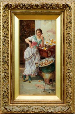 Lot 1159 - Pair of Italian paintings, Stefano Novo (1862-1927), a Venetian Street Seller inscribed and signed on reverse