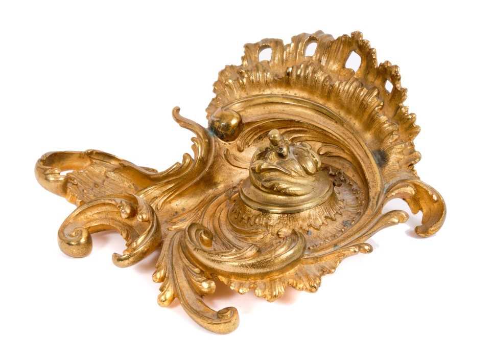 Lot 713 - 19th century Continental ormolu inkwell, asymmetric Rococo form marked ‘Deraux’.