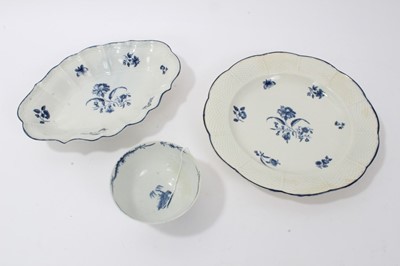 Lot 138 - Mid 18th century Worcester blue and white porcelain sugar bowl, together with  18th century Worcester porcelain shaped circular blue and white dish, restored crescent mark, and  18th century Worces...