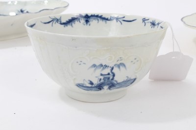 Lot 138 - Mid 18th century Worcester blue and white porcelain sugar bowl, together with  18th century Worcester porcelain shaped circular blue and white dish, restored crescent mark, and  18th century Worces...