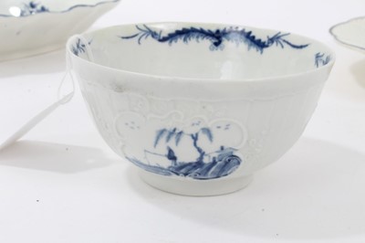 Lot 113 - Mid 18th century Worcester blue and white porcelain sugar bowl, together with  18th century Worcester porcelain shaped circular blue and white dish, restored crescent mark, and  18th century Worces...